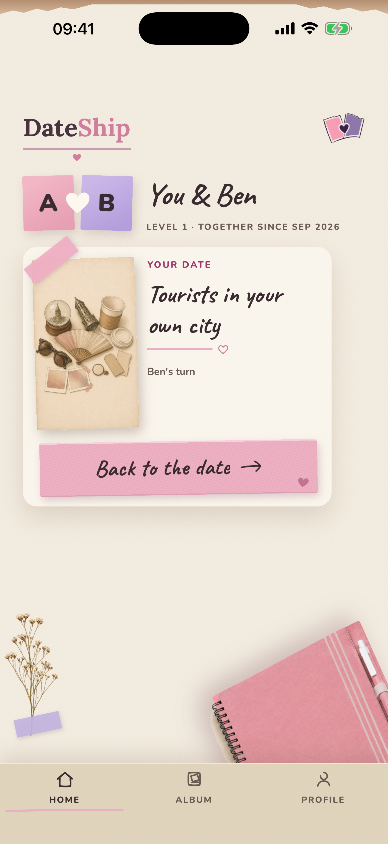 DateShip home screen showing a couple’s current date
